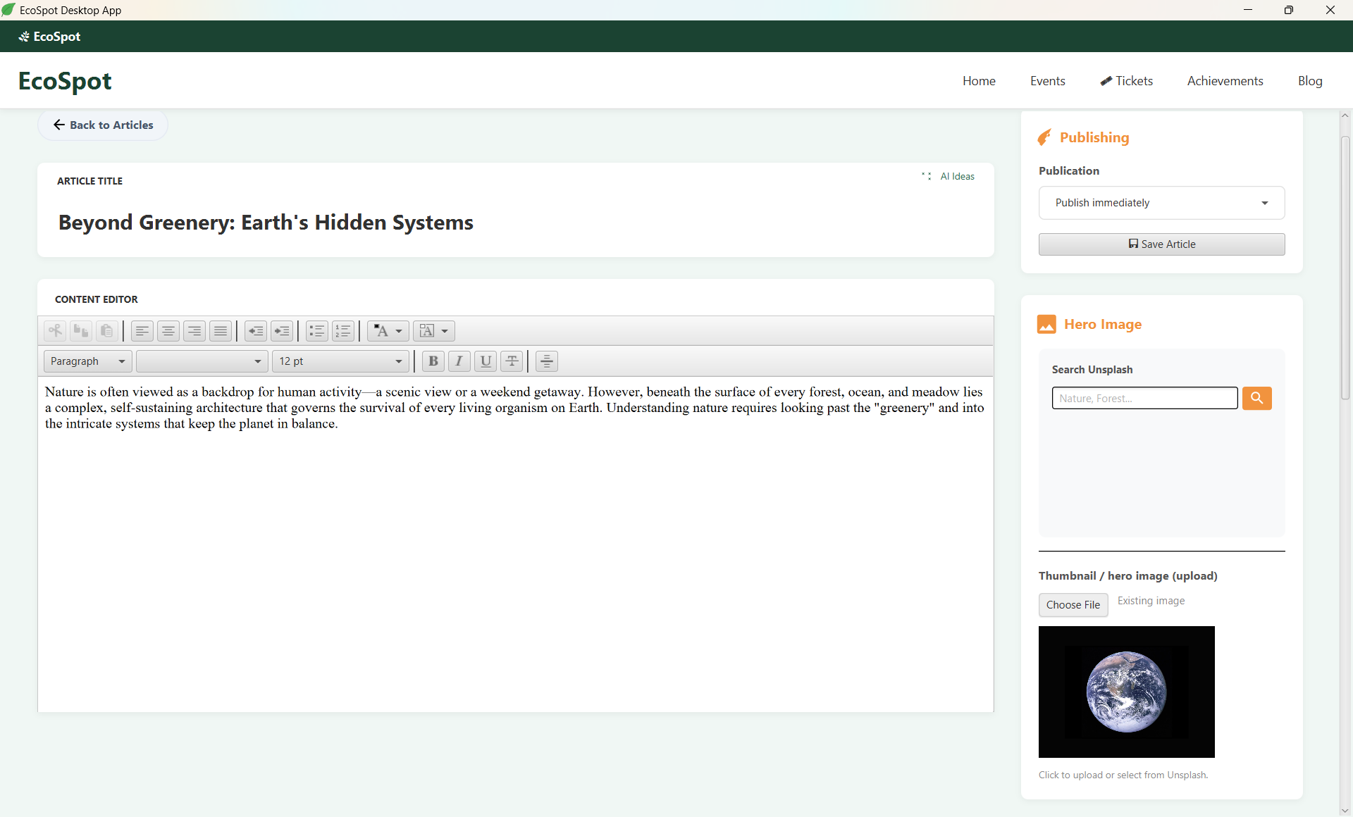 EcoSpot Desktop — article editor with live AI SEO suggestions and metadata preview.