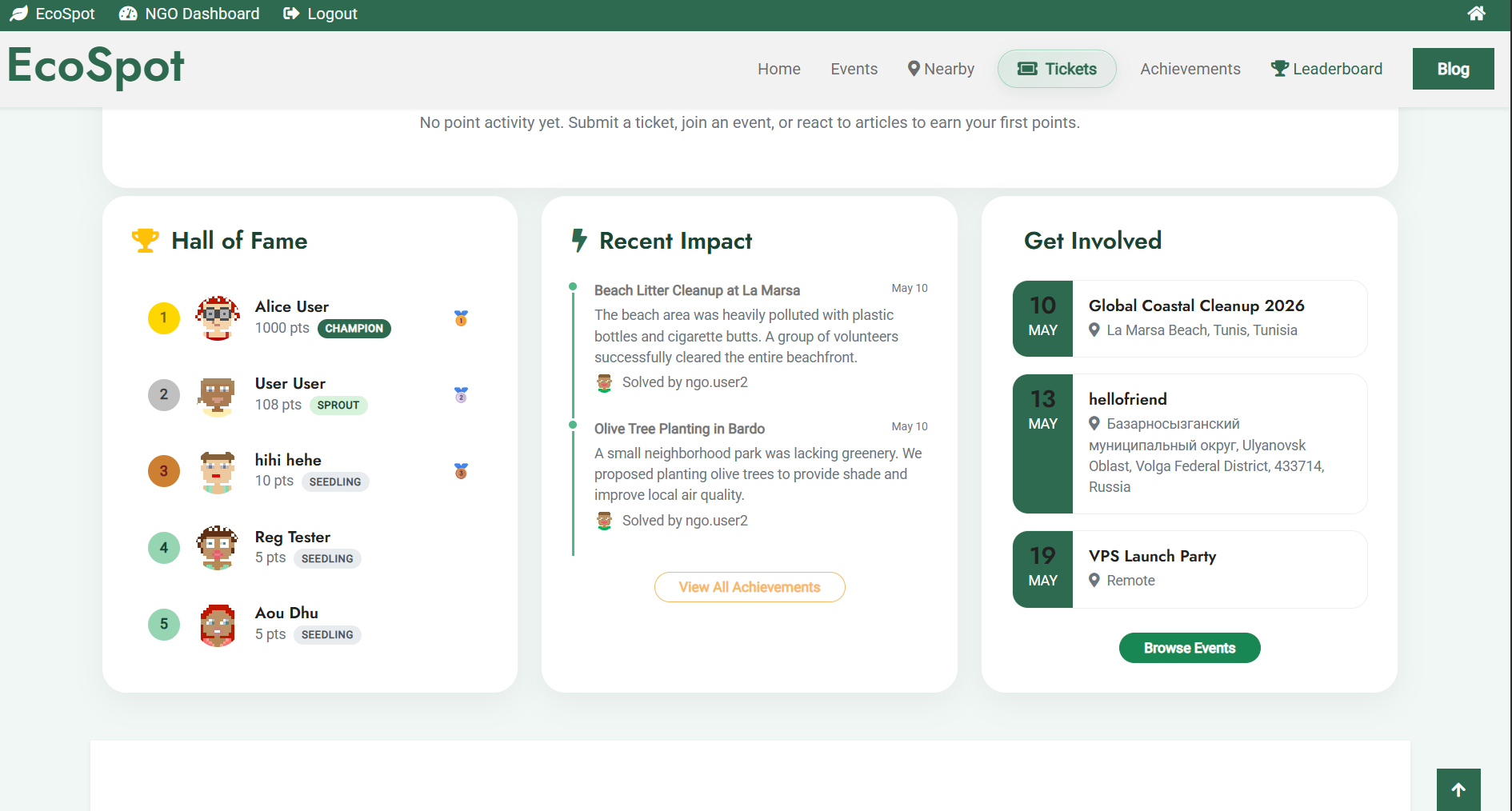 The real-time global leaderboard — users are ranked by eco-impact points, fostering healthy competition among environmental activists.